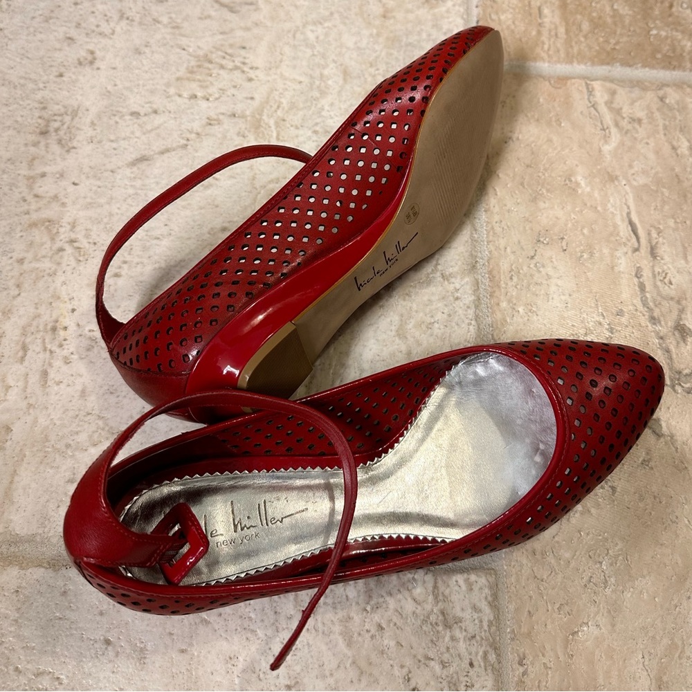 Nicole Miller - Red Wedge Heel Ankle Strap Shoe - 8.5B - 38 1/2